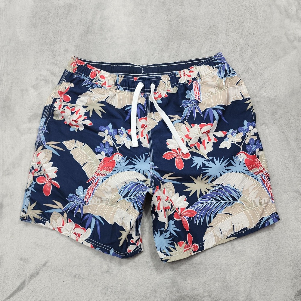 Islander Swim Trunks Mens M Blue Parrot Floral Lined Drawstring Beach Summer